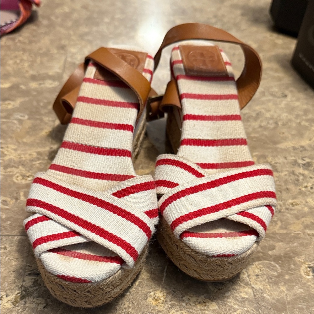 Tory Burch Striped Red and White Wedge Sandals